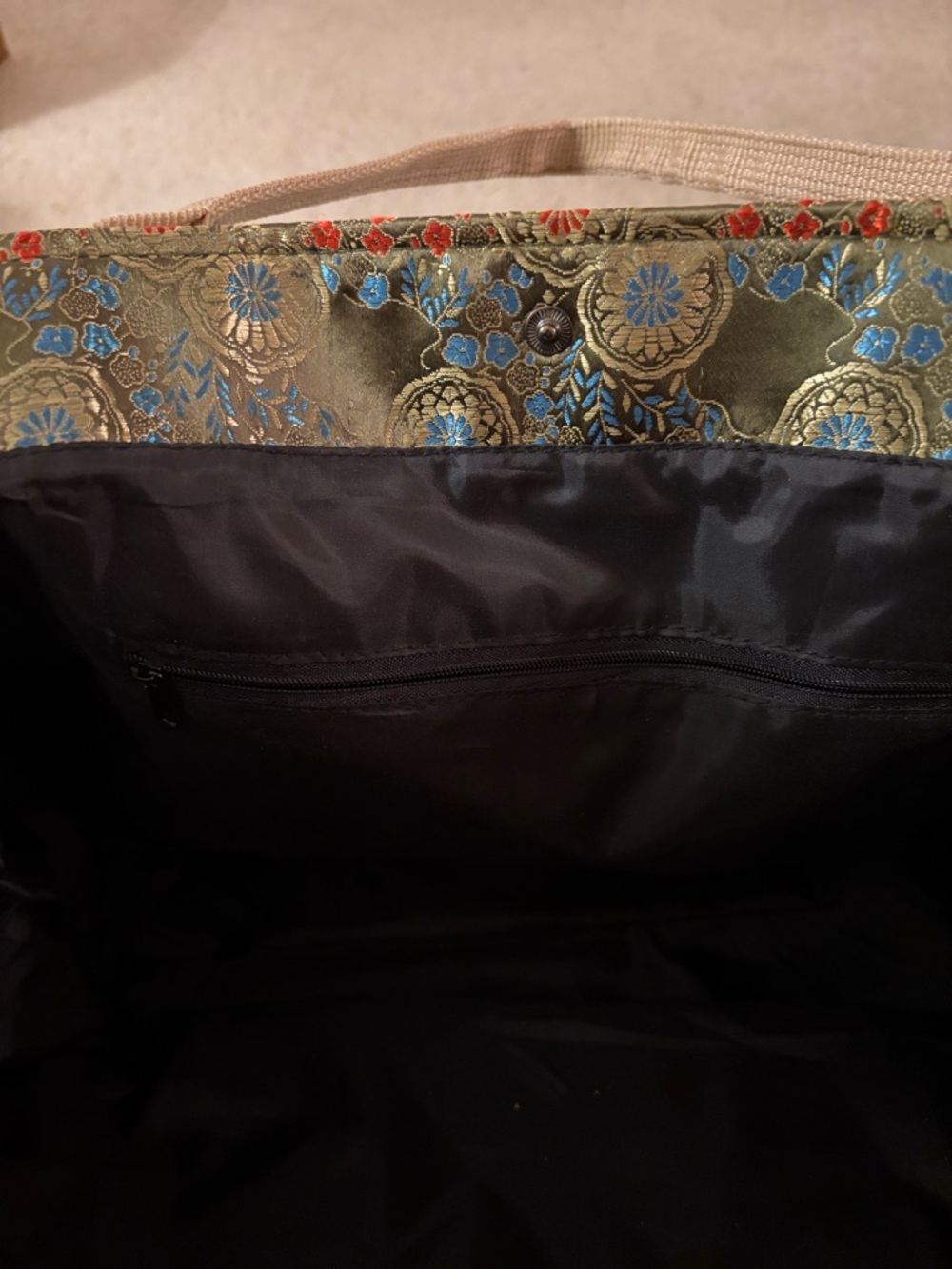 Oriental Olive Green Vibrant Floral Jacquard Satin Tote Bag with Beige Straps - Picture 14 of 16